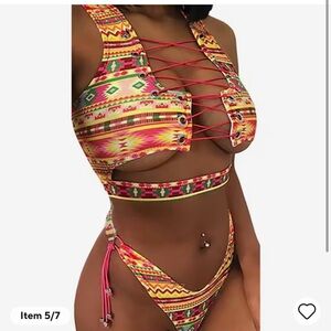 Muolux Colorful Geometric Print Lace Up Bikini Swimsuit Set with Thong Bottoms